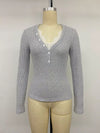 Women's grey ribbed lace-trim Henley top