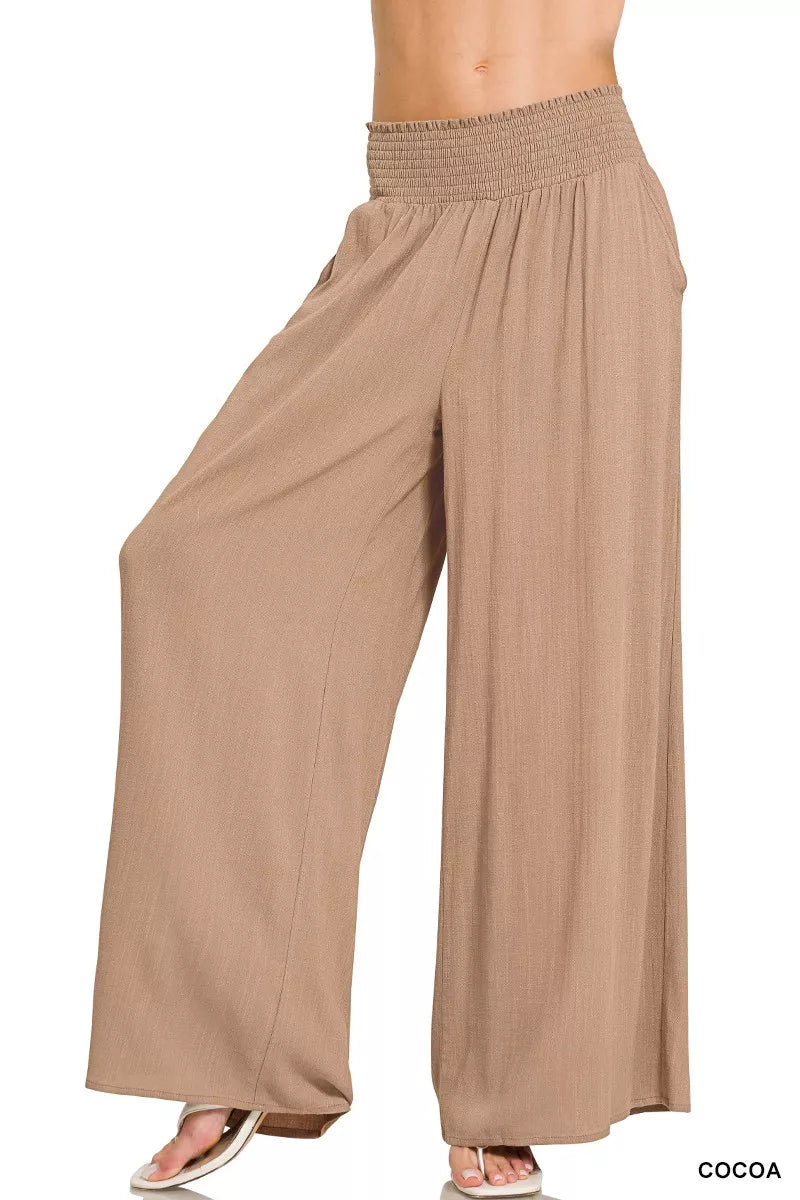 Smocked-Waist Wide-Leg Lounge Pants
