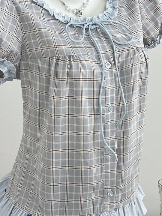 Another view: Plaid Ruffle Trim Puff Sleeve Blouse