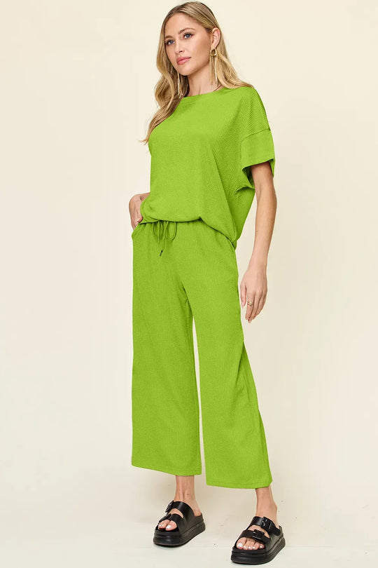 Another view: Textured T-Shirt & Wide-Leg Pants Set — Full Size