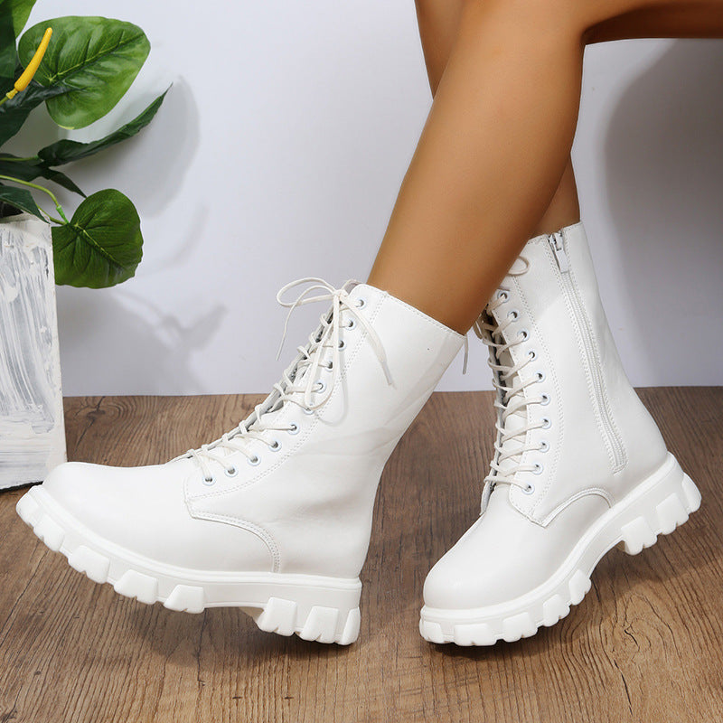 Women's Round Toe Ankle Boots - Lace-Up Low Heel Booties with Patchwork Detail