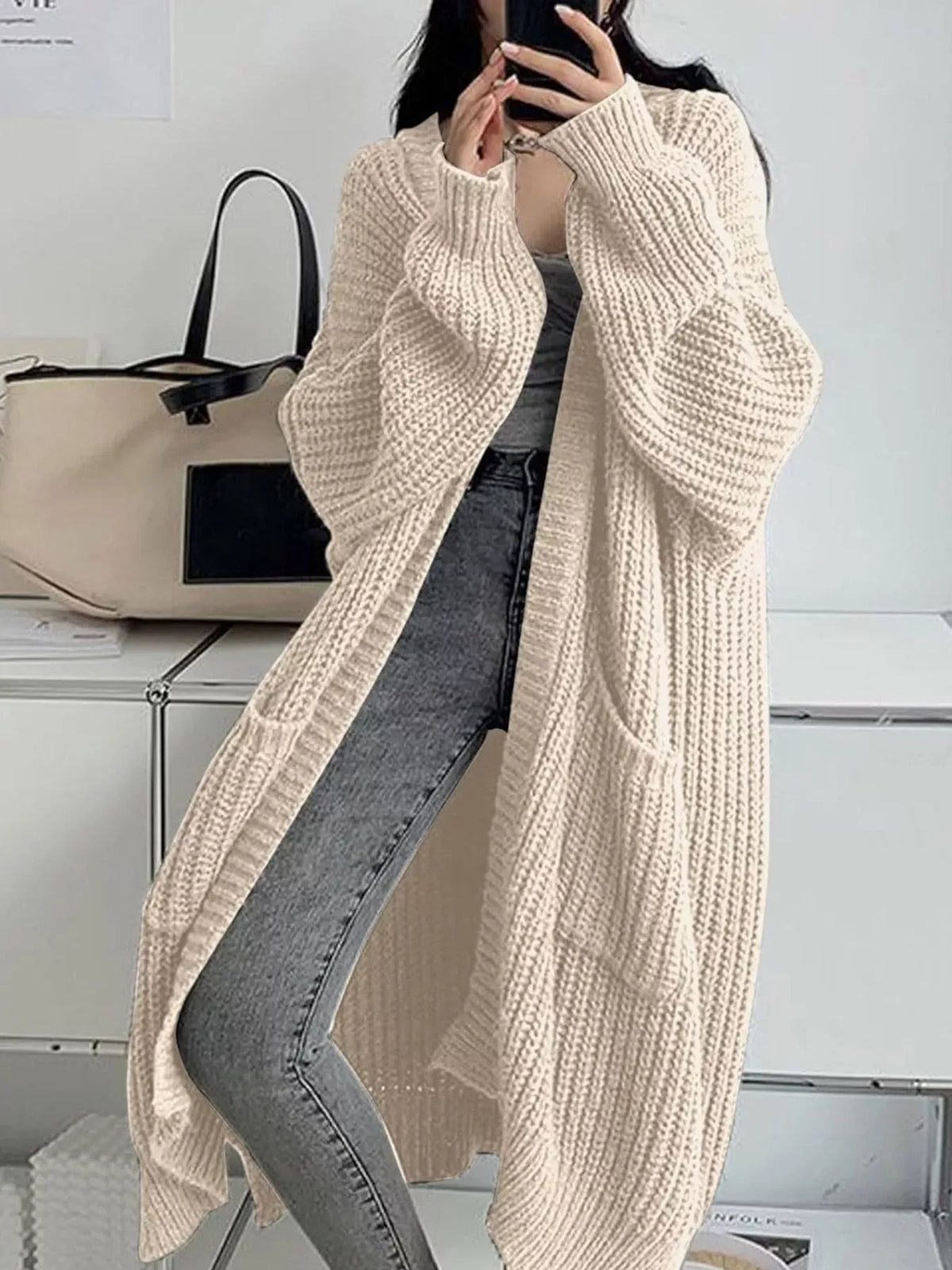 Oversized Openwork Longline Cardigan with Pockets — photo 68