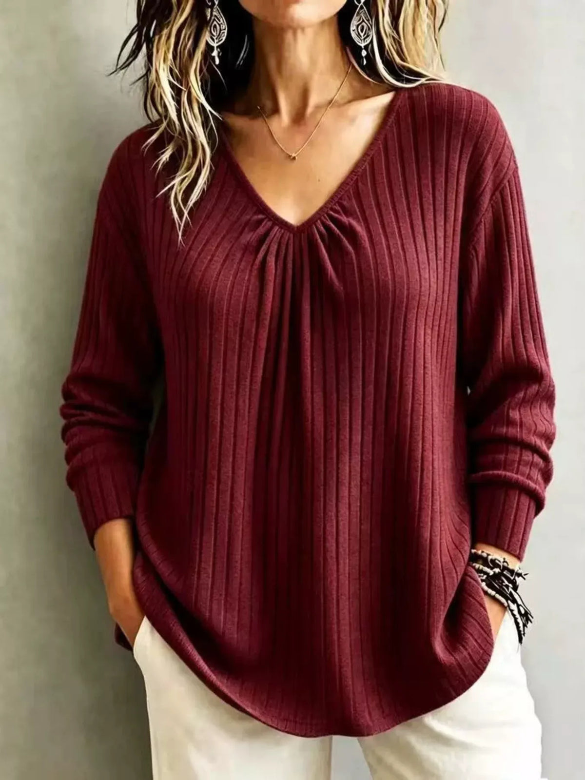 Women's Ribbed V-Neck Long-Sleeve Top — photo 2