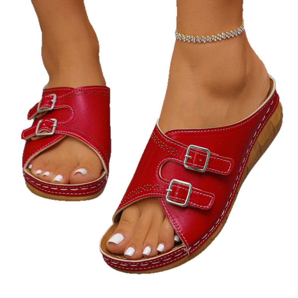 Women's Open-Toe Buckle Sandals | PU Leather Low-Heel Slides