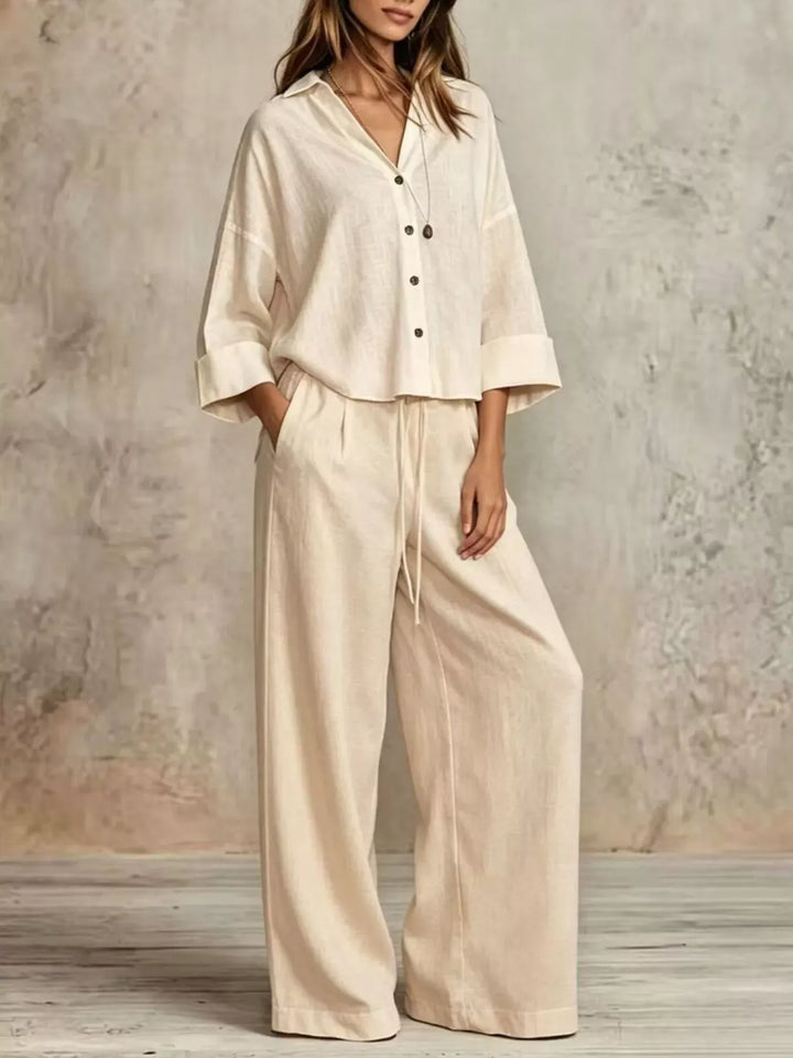 Women's Button-Down Shirt & Wide-Leg Pants Set