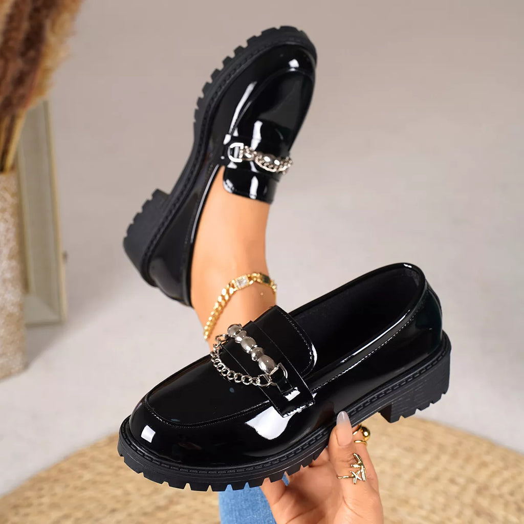 Women's Chain Embellished Round Toe Loafers – Mid Heel, PU Leather, Slip-On