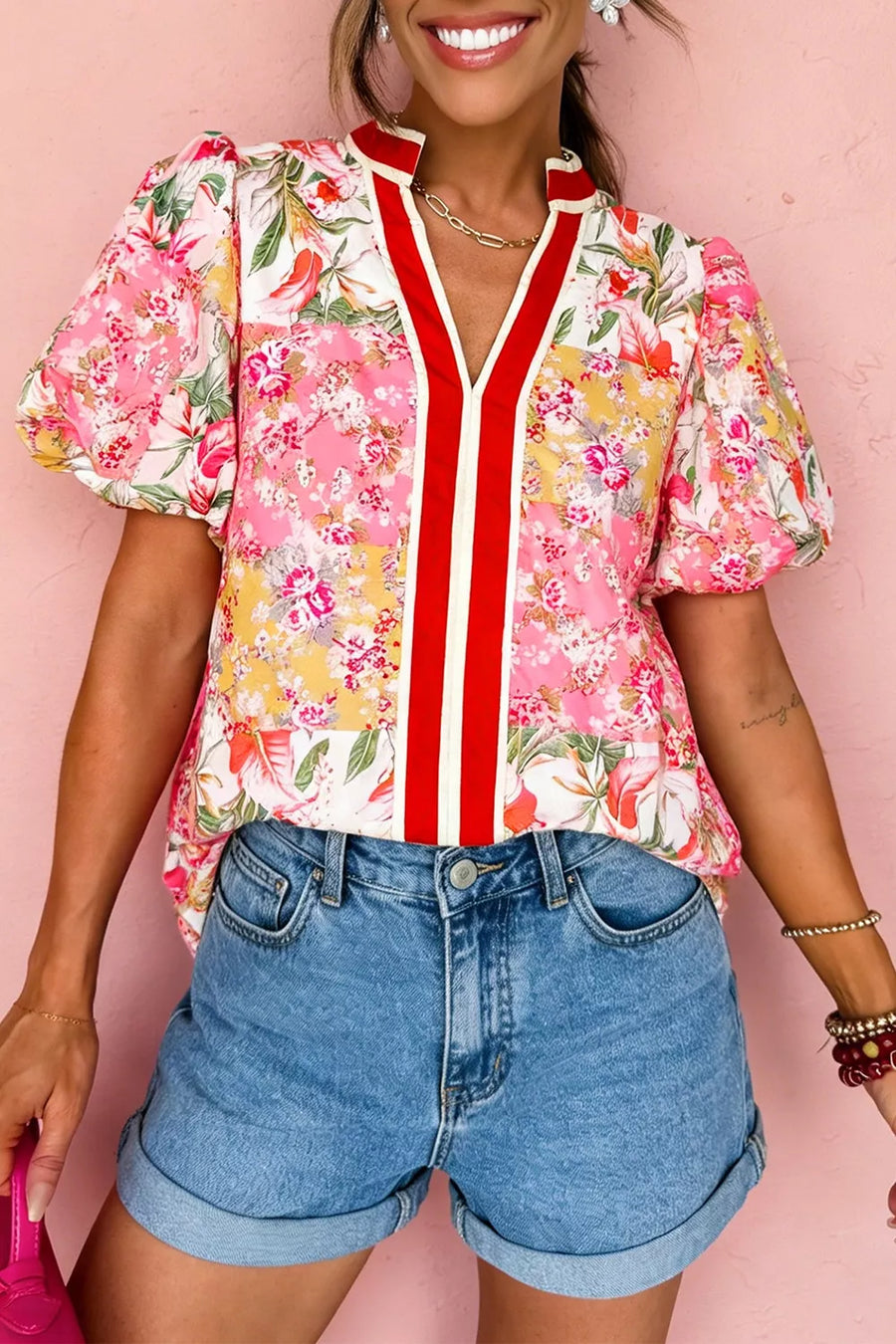 Contrast-Collar Floral V-Neck Blouse