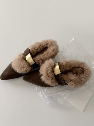 Women's Retro Slingback Furry Flat Shoes | Pointed Toe Buckle Plush Casual Shoes