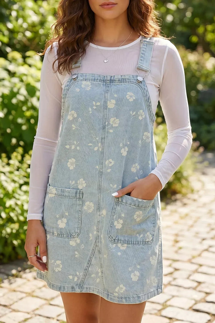 Wash Denim Floral Print Overall Mini Dress