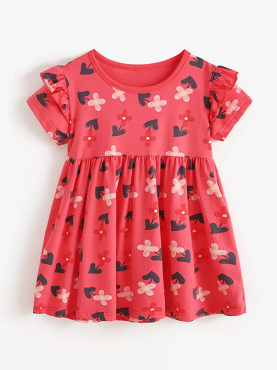 Another view: Floral Ruffle-Sleeve Cotton-Blend Dress — Red