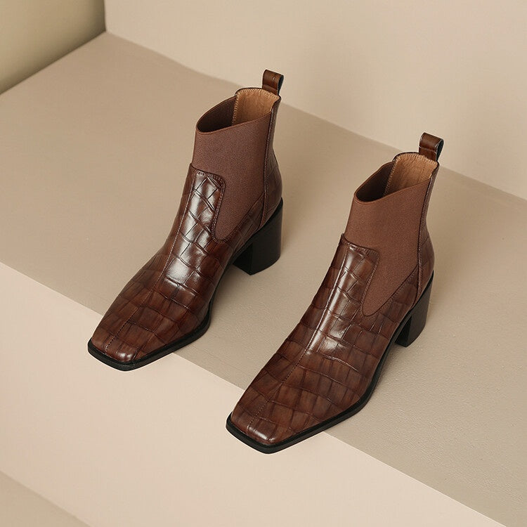 Women's Chunky Heel Square Toe Cowhide Leather Pumps | Minimalist Luxury Heels