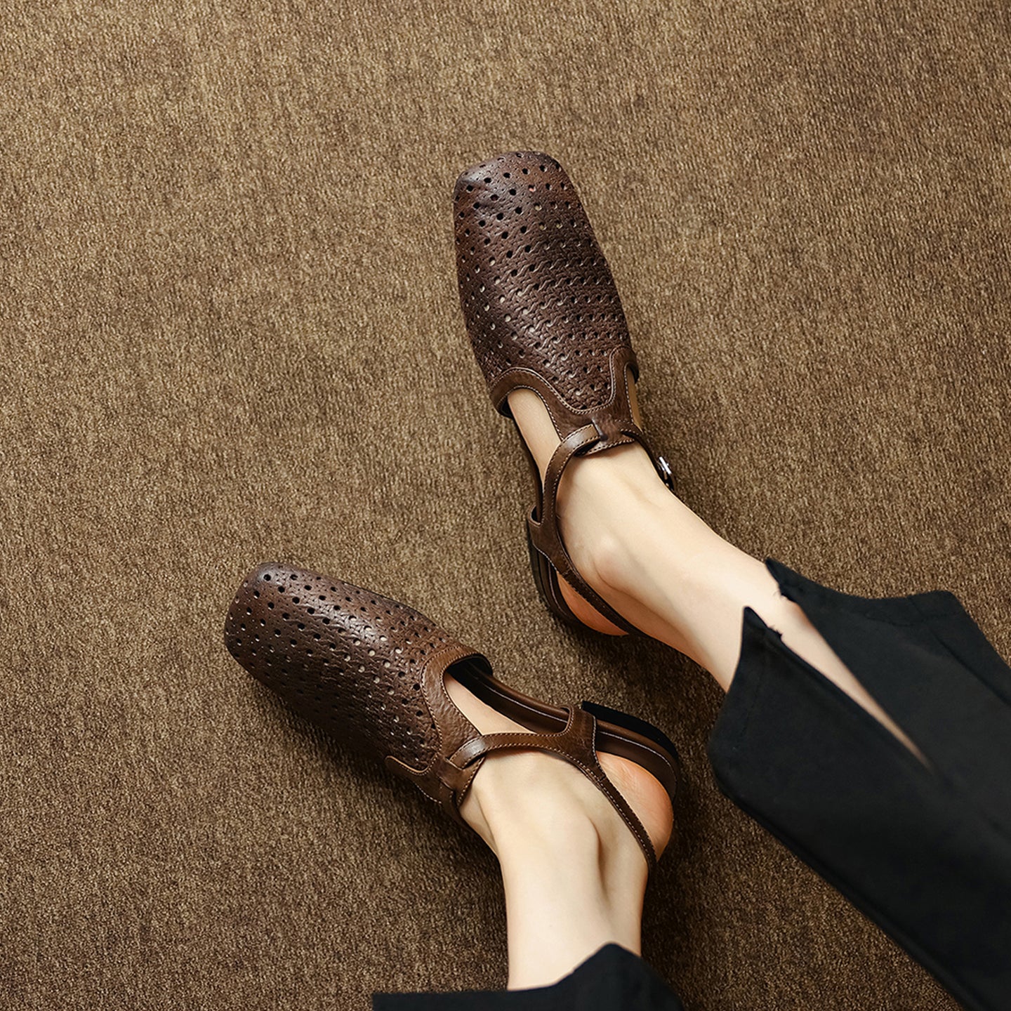 Women's Perforated Leather Slingback Sandals | T-Strap Closed-Toe Flat Shoes
