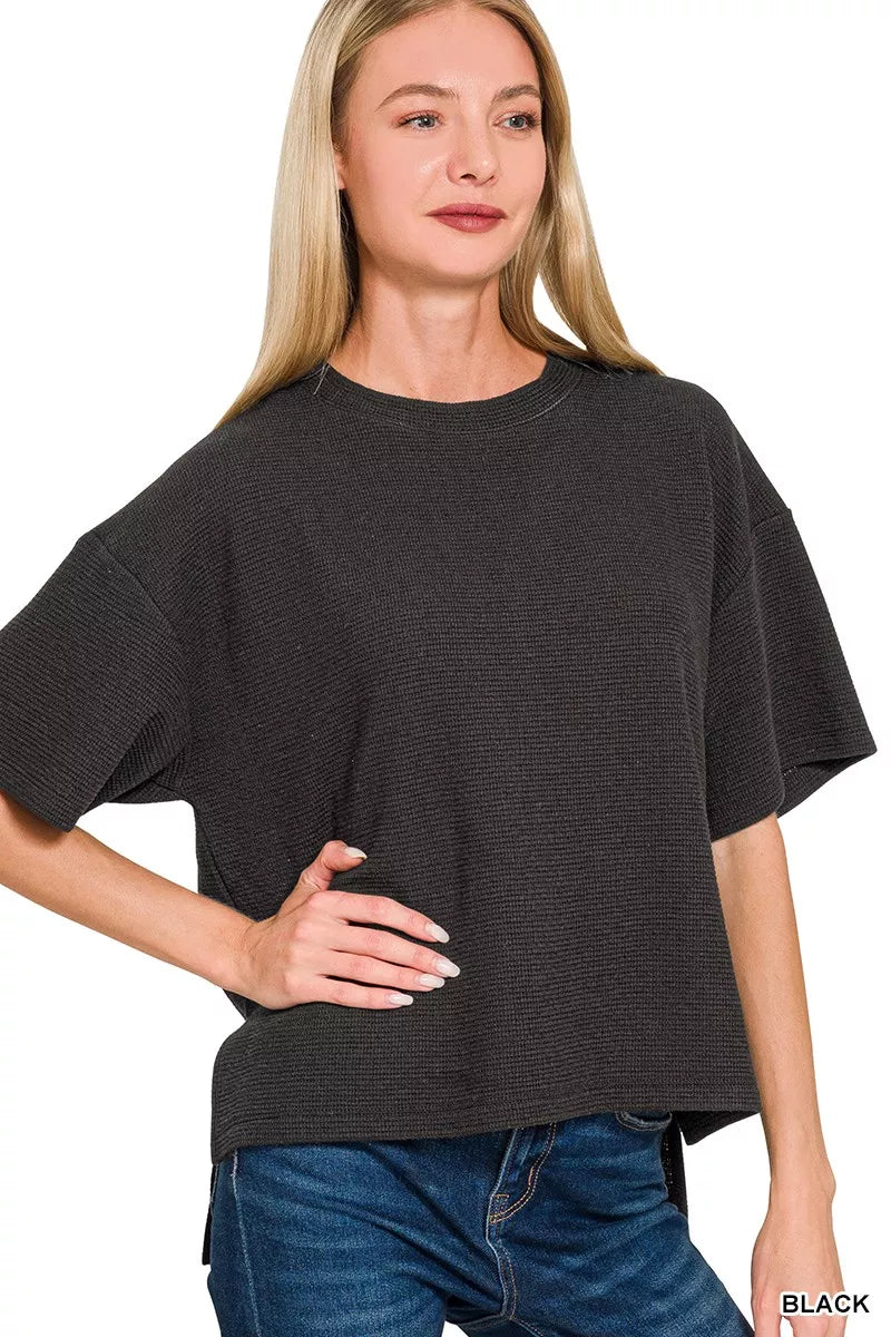 Curve Double Knit Side Slits High-Low Short Sleeve Top