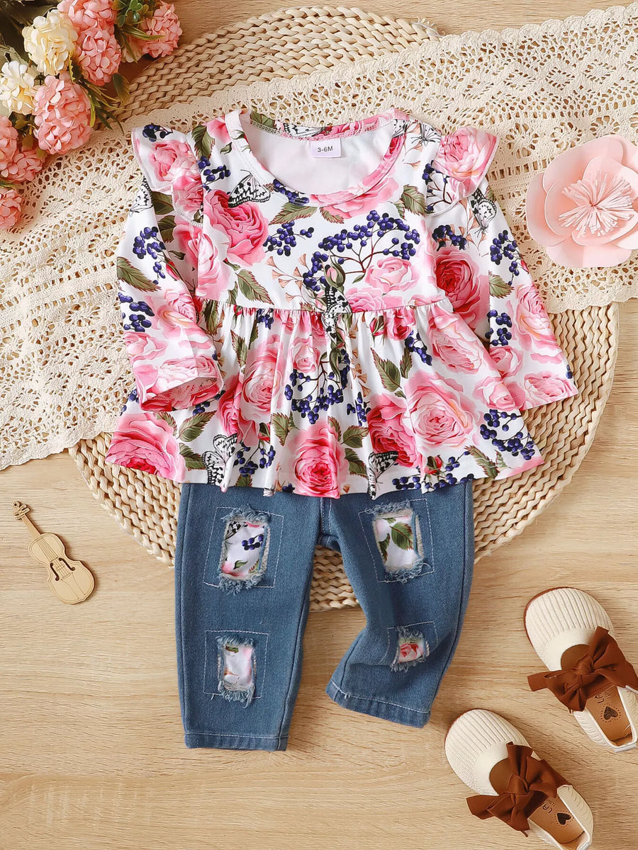 Moonbeam Floral Ruffle-Trim Top & Distressed Jeans Set