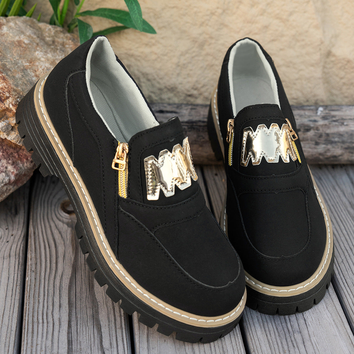 Women's Plus Size Chunky Platform Loafers | Side Zipper Block Heel Shoes