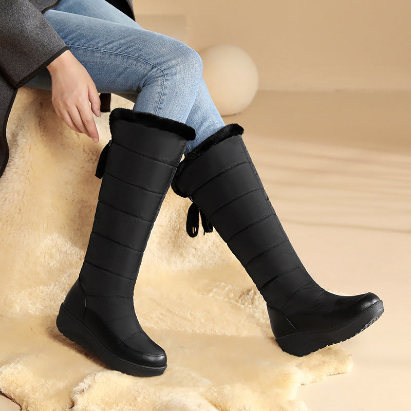 Women's Wedge Heel High-Top Snow Boots – Faux Fur Lined, Rubber Sole | Black & White