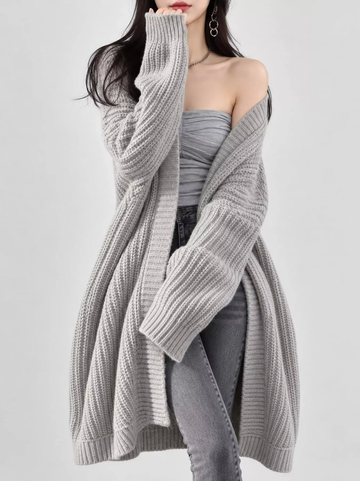 Oversized Openwork Longline Cardigan with Pockets — photo 54