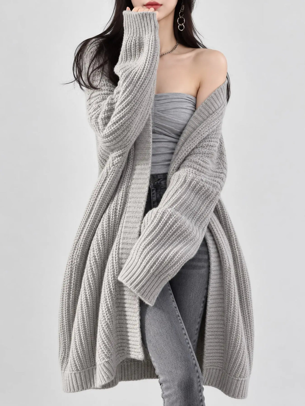 Oversized Openwork Longline Cardigan with Pockets — photo 75
