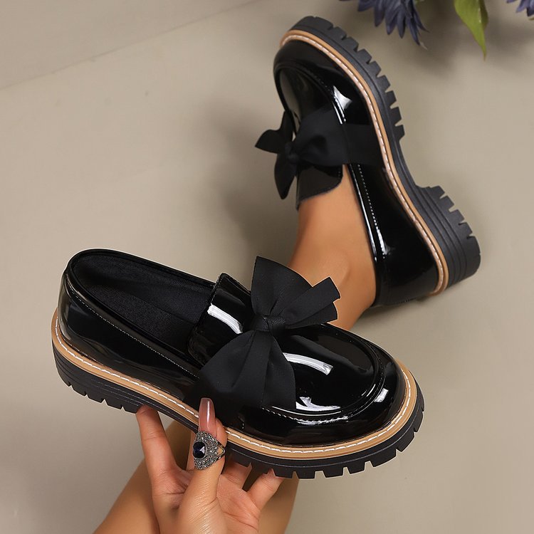 Women's Bow Tie Chunky Heel Pumps - Slip-On Round Toe Loafers