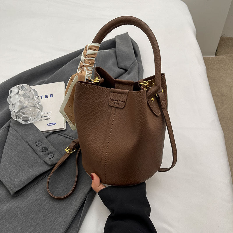Women's PU Leather Bucket Tote Bag with Silk Scarf Detail – Everyday Shoulder Handbag