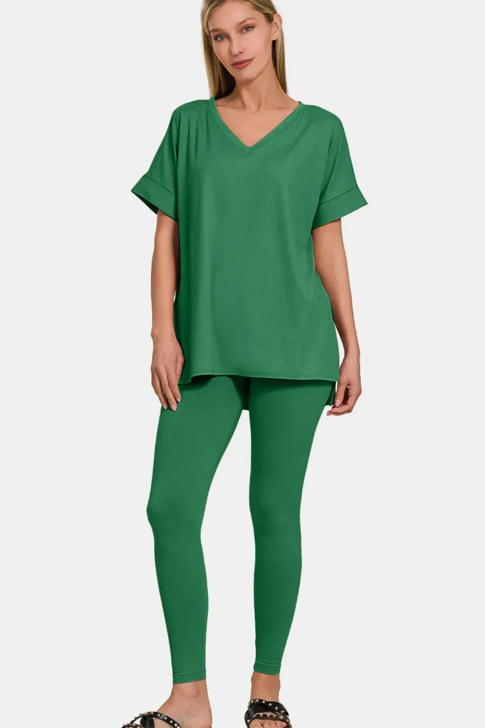Curve V-Neck Rolled Short Sleeve T-Shirt and Leggings Lounge Set — photo 3