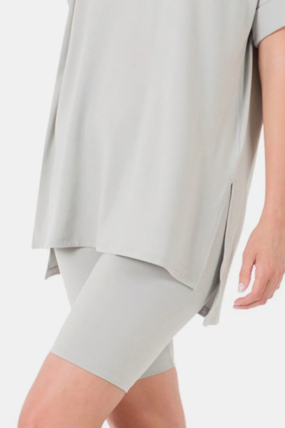 Curve V-Neck Short Sleeve Slit T-Shirt and Shorts Set — Lt Grey