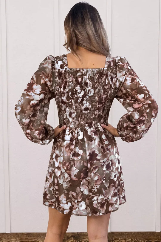 Another view: Abstract Floral Print Square Neck Long-Sleeve Mini Shift Dress