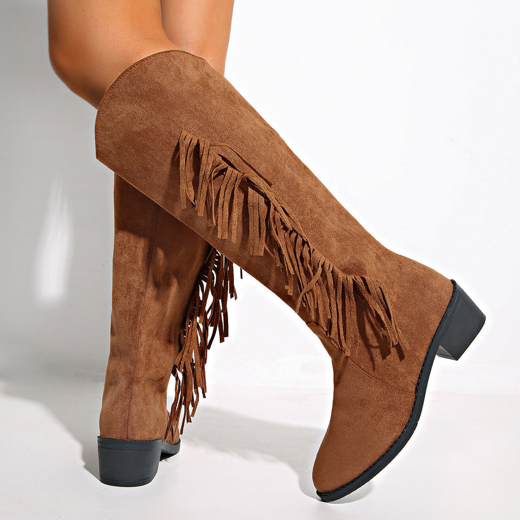 Suede Over-the-Knee Tassel Boots – Women's Brown Chunky Heel Slip-On