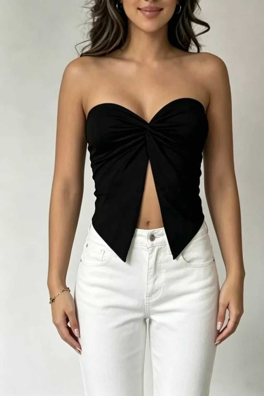 Black Twist-Front Strapless Tube Top