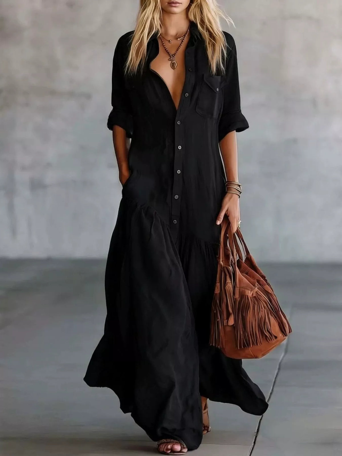 Button-Front Roll-Sleeve Maxi Dress