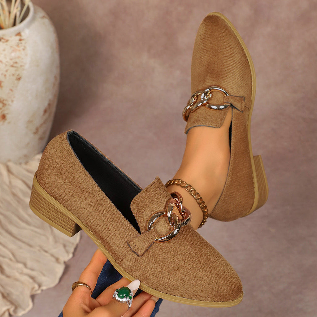 Women's Chunky Heel Suede Pumps – Elegant Metal Chain Pointed Toe Slip-On Shoes
