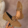 Women's Chunky Heel Suede Pumps – Elegant Metal Chain Pointed Toe Slip-On Shoes
