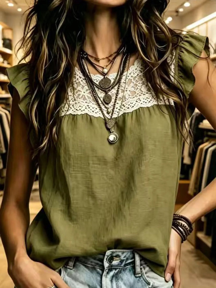Lace-Trim Ruffle-Sleeve Blouse