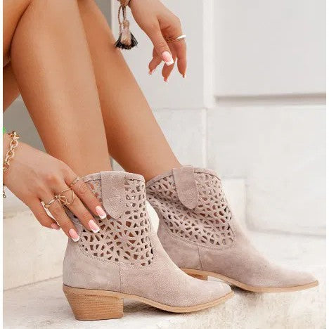 Women's Chunky Heel Ankle Boots - Pointed Toe Slip-On Boots with Cutout Design