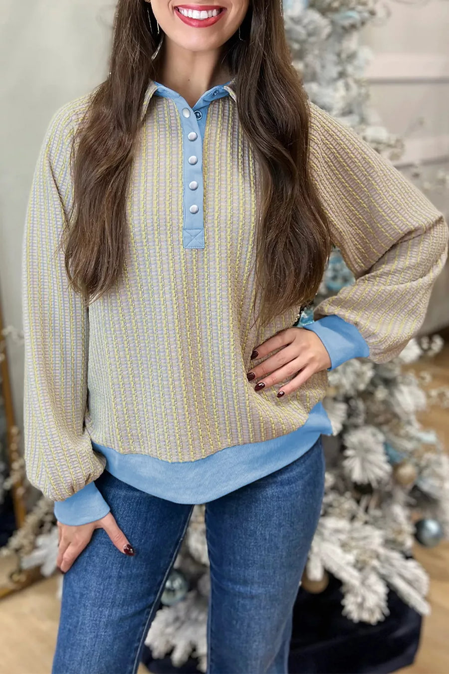 Jacquard Button-Front Henley Sweatshirt — Beige