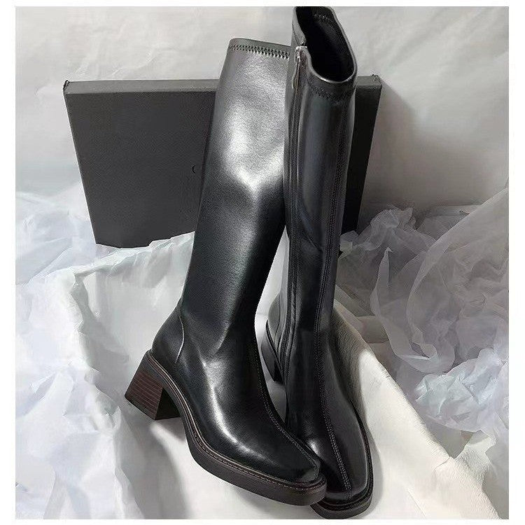Women's Square-Toe Over-the-Knee Boots | Chunky Heel Side Zipper | Brown & Black