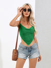 Green cable-knit cowl-neck point-hem tie-back crop top