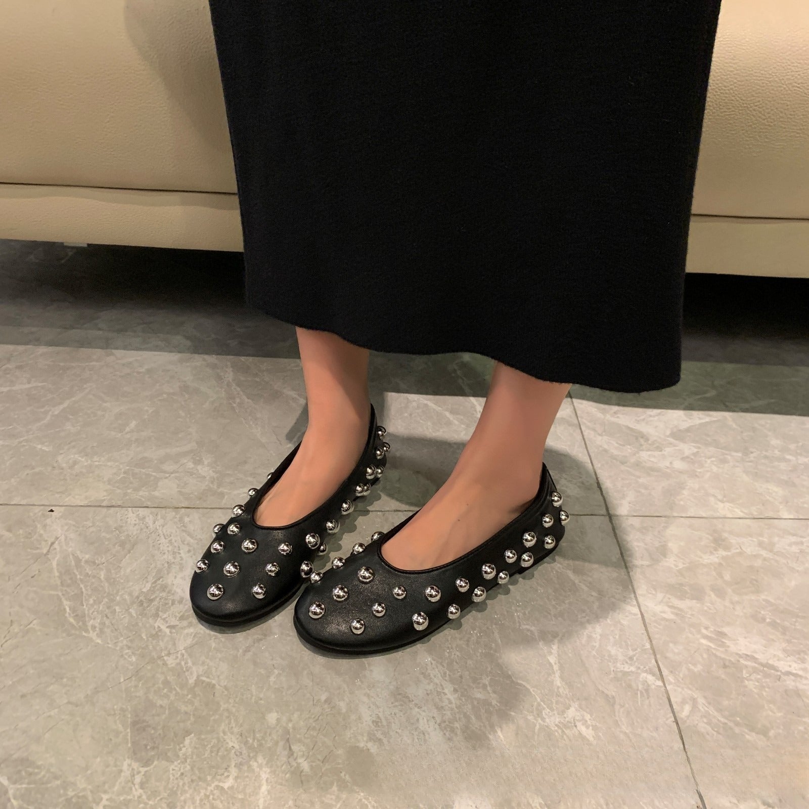 Women's Black Studded Ballet Flat Shoes – PU Leather Casual Flats with Metal Stud Detail