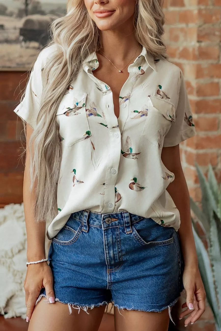 Mallard Printed Button Flap Pocket Short-Sleeve Shirt