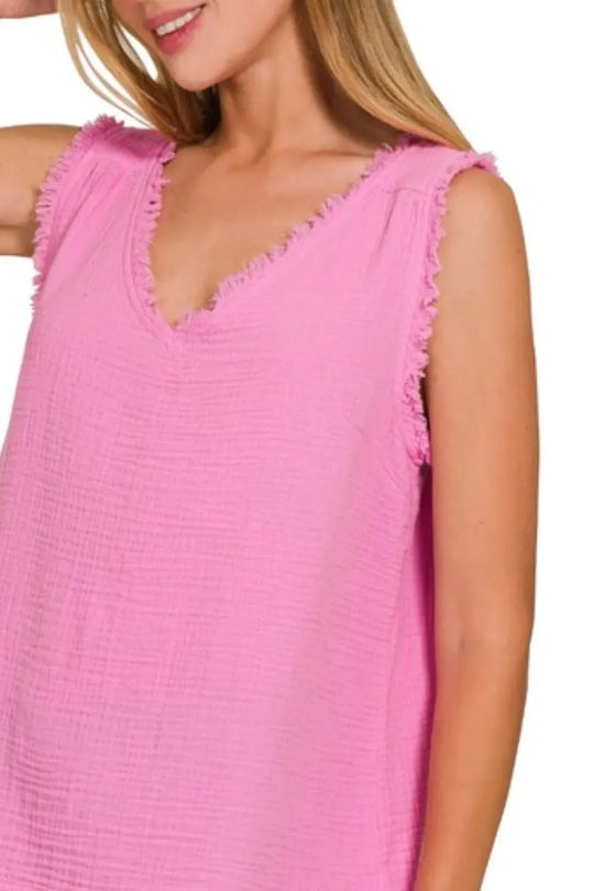Another view: Double Gauze Raw Edge V-Neck Tank — CANDY PINK