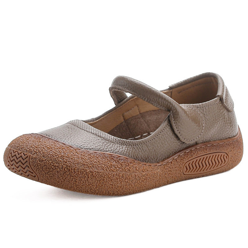 Women's Retro Flat Round-Toe Velcro Shoes – Genuine Leather | Black, Brown, Khaki