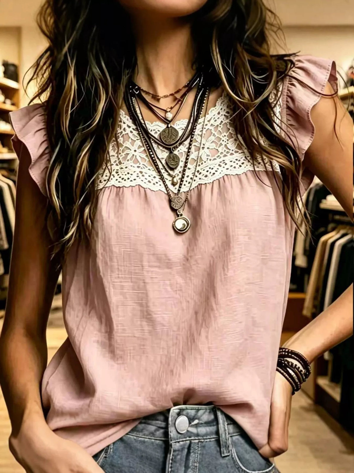 Lace-Trim Ruffle-Sleeve Blouse