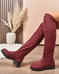 Women's Burgundy Suede Lace-Up Knee High Boots | Chunky Heel Side Zip