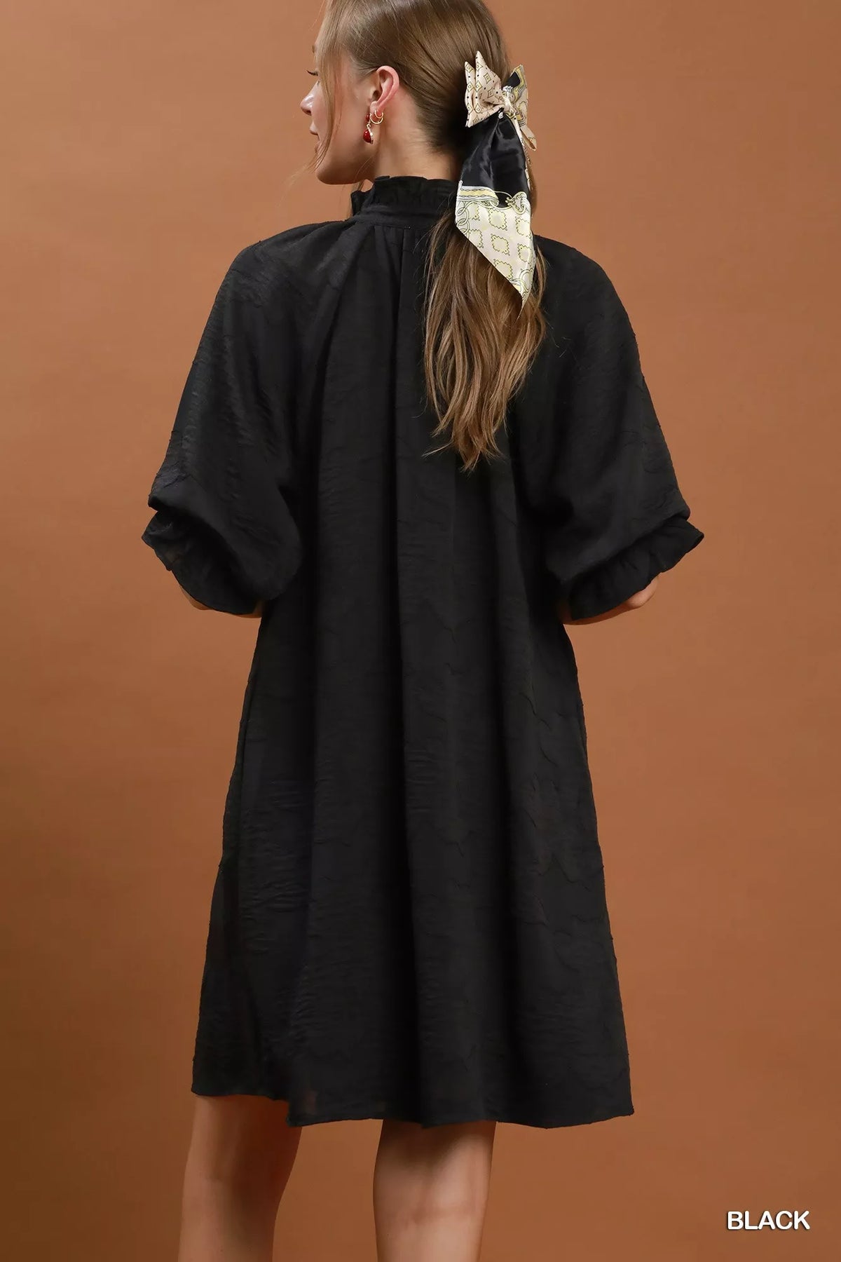 Umgee Floral Textured Jacquard V-Neck Dress — Black