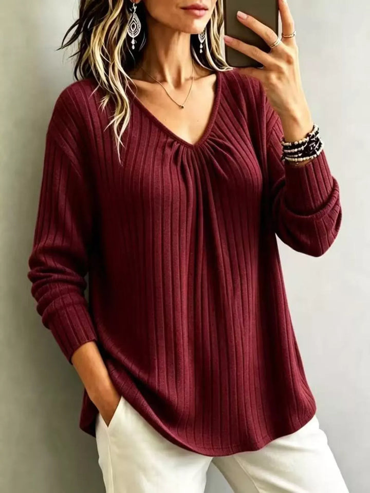 Women's Ribbed V-Neck Long-Sleeve Top