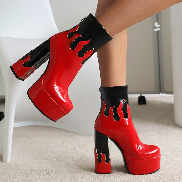 Women's Patent Leather Colorblock Ankle Boots | Chunky Heel Zipper Boots