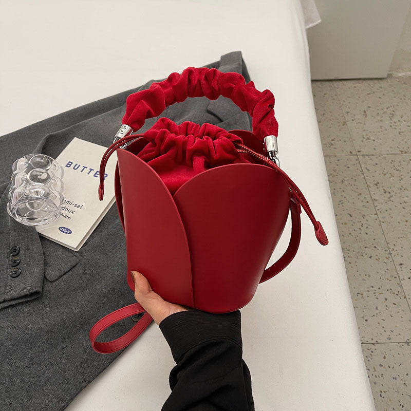 Women's PU Leather Bucket Tote Crossbody Bag – Pleated Oval Shoulder Bag