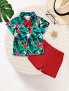 Tropical-print kids' shirt and red shorts set with a bow tie.