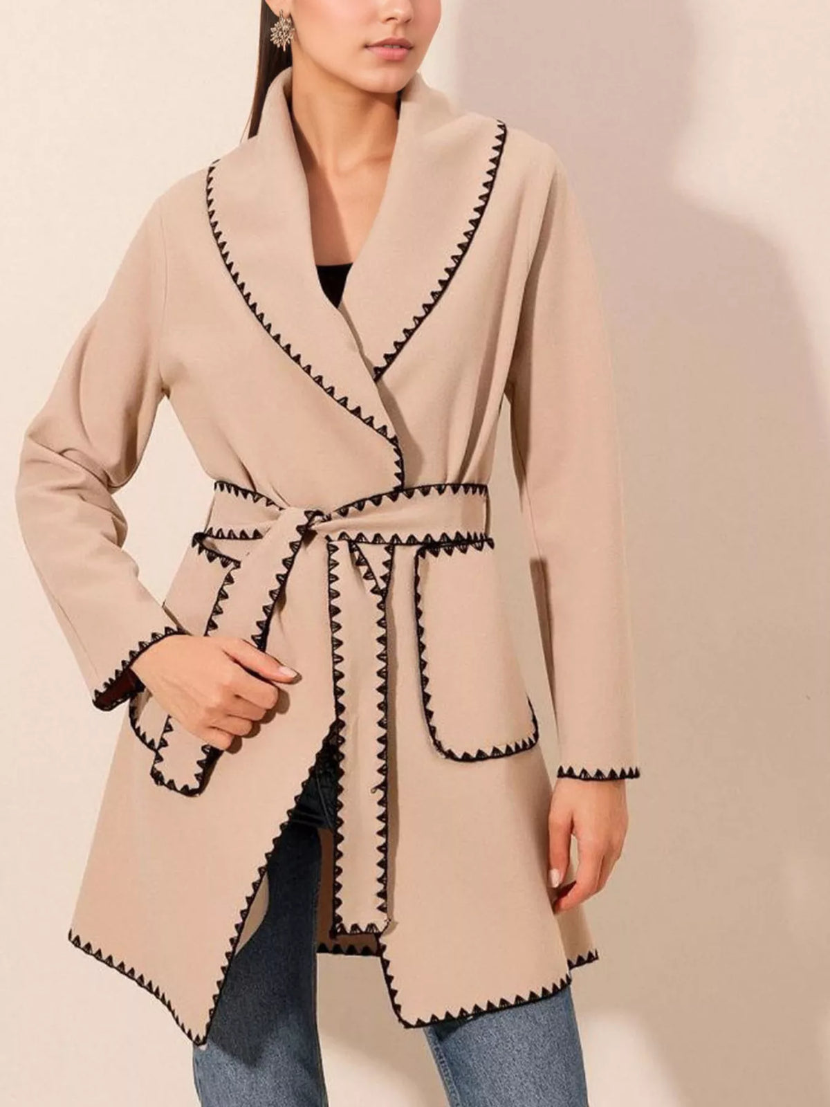 Dust Storm Contrast-Trim Wrap Coat