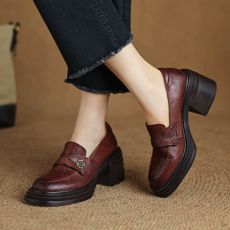 Vintage Chunky-Heeled Leather Shoes for Women - Round Toe Slip-On Dress Shoes